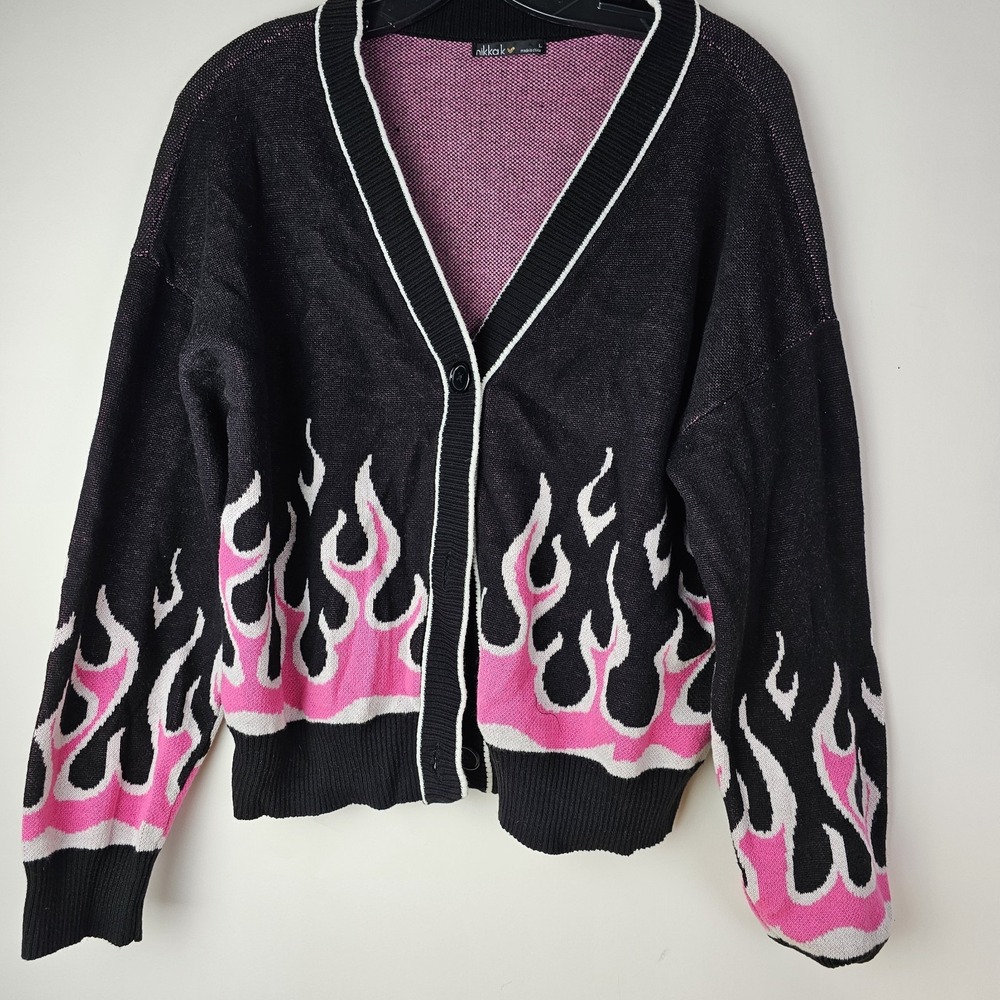 Nikka K Women's Flames Knit Cardigan Black Pink Large Cropped Sweater Button‎